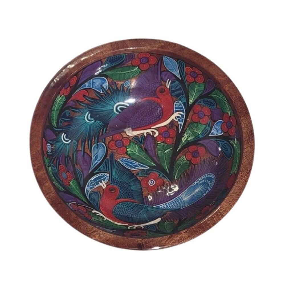 Artist Signed Mexican Folk Art Hand Painted 12" Wooden Bowl Batea